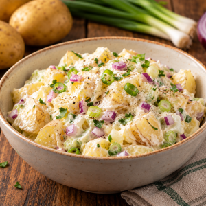 New potato Salad made with creamy mayonnaise, red onion & spring onion